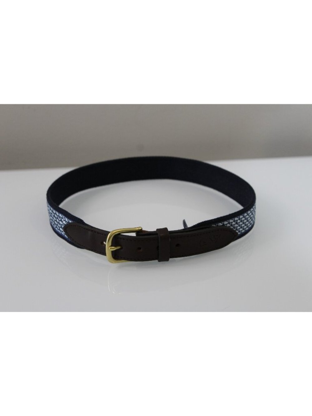 Vineyard Vines Blue Micro Whale Print Canvas Belt Youth 28 Leather Brass Buckle
